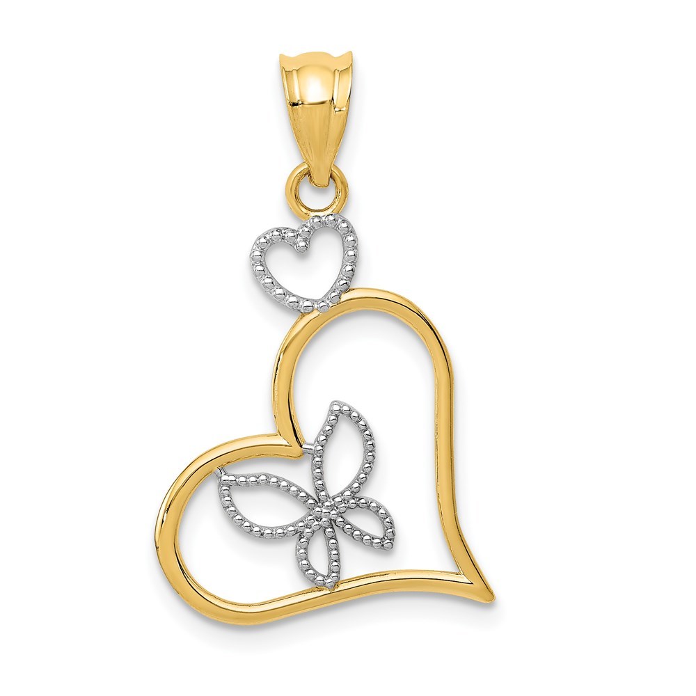 14k Yellow Genuine Gold White Rhodium Butterfly in Heart Necklace Charm Pendant